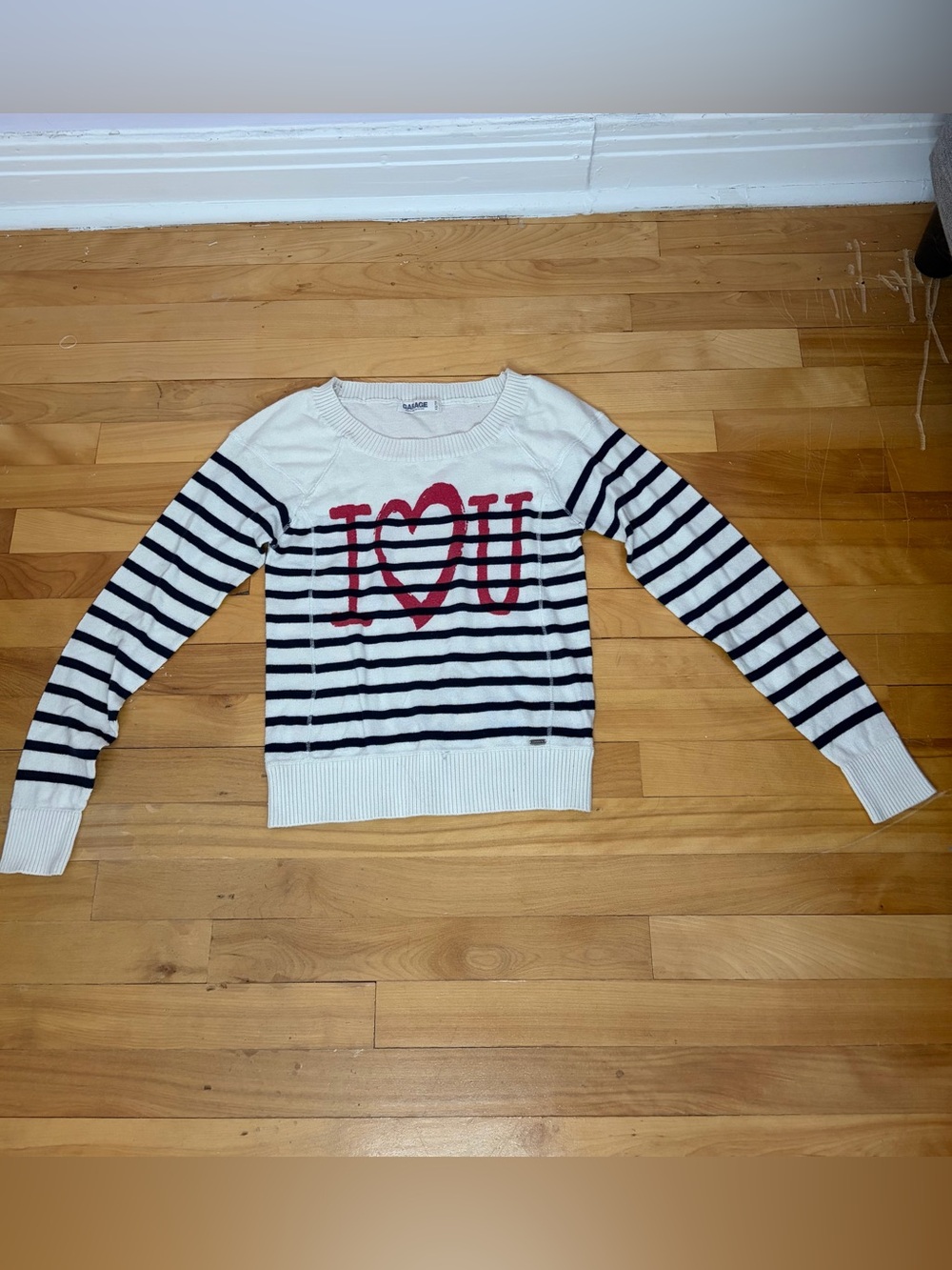 Garage Cream & Navy Striped Crewneck Sweater with Red Heart 'I ♥ U'